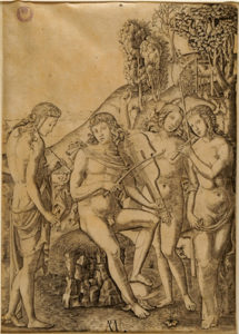 Suonatore con lira da braccio circondato da tre donne nude (Allegoria della Musica)
